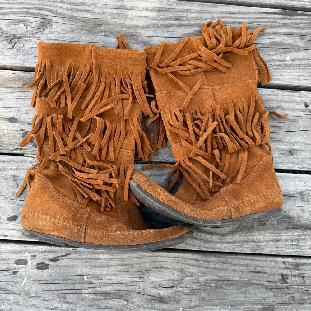 Minnetonka Tan Moccasin Boots with Fringe Detail